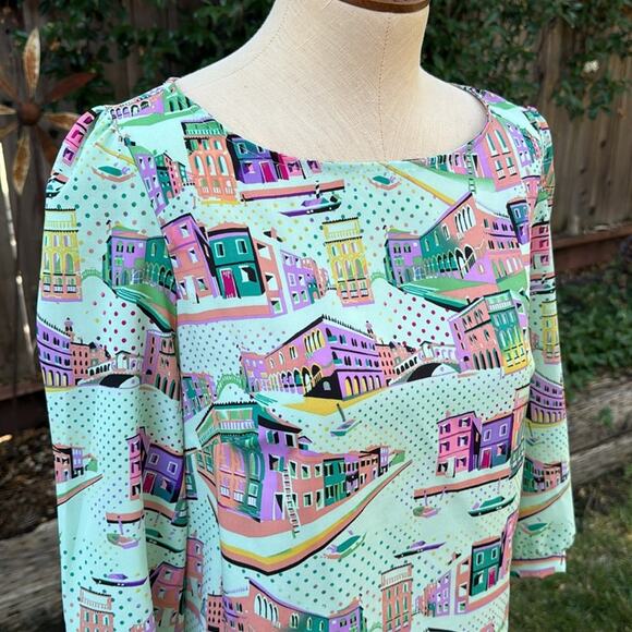 Pink Owl Vibrant Colorful City Scene 3/4 Sleeve Top Woman's Small - Picture 2 of 8